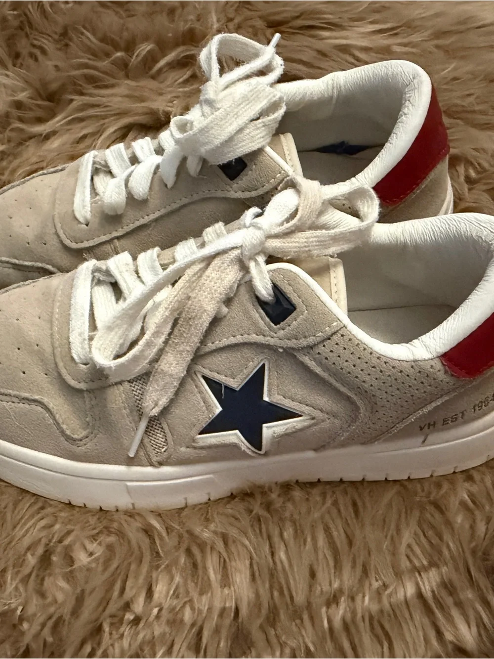 Vintage Havana Beige Suede Sneakers with Navy Star and Red Heel Tab, women’s 7.5